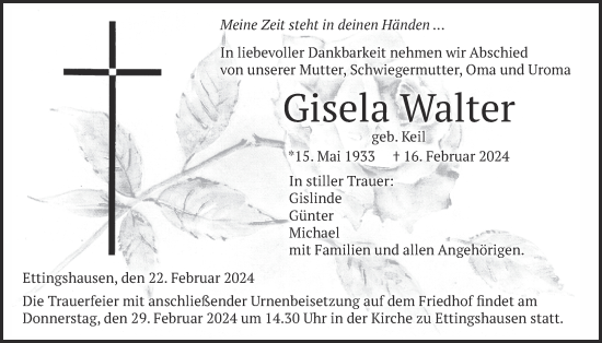 Traueranzeige von Gisela Walter von Licher Wochenblatt