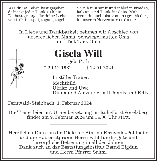 Traueranzeige von Gisela Will von Licher Wochenblatt