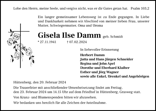 Traueranzeige von Gisela Ilse Damm von Giessener Allgemeine, Alsfelder Allgemeine