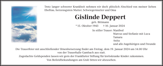 Traueranzeige von Gislinde Deppert von Butzbacher Zeitung