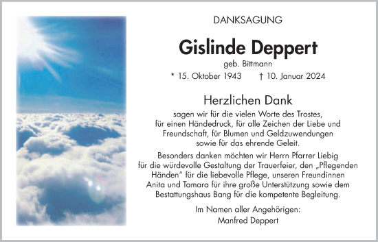 Traueranzeige von Gislinde Deppert von Butzbacher Zeitung