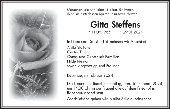 Traueranzeige von Gitta Steffens von Rabenauer Zeitung, Giessener Anzeiger, Giessener Allgemeine, Alsfelder Allgemeine