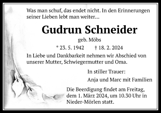 Traueranzeige von Gudrun Schneider von Wetterauer Zeitung