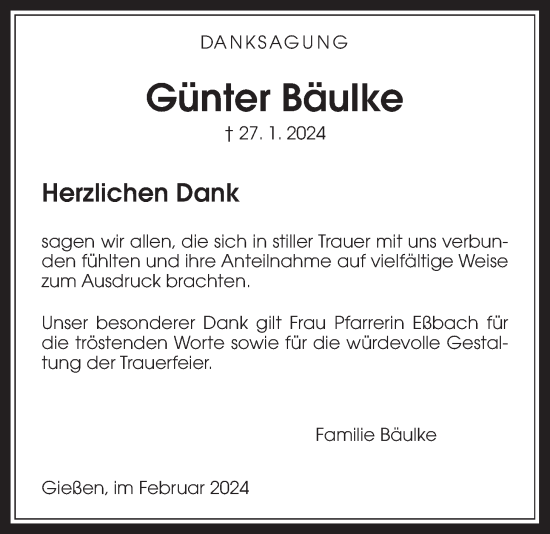 Traueranzeige von Günter Bäulke von Giessener Allgemeine, Alsfelder Allgemeine, Giessener Anzeiger