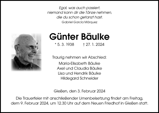 Traueranzeige von Günter Bäulke von Giessener Allgemeine, Alsfelder Allgemeine, Giessener Anzeiger