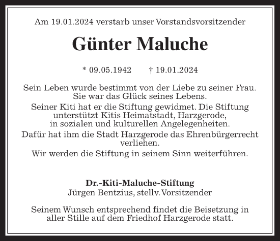 Traueranzeige von Günter Maluche von Usinger Anzeiger