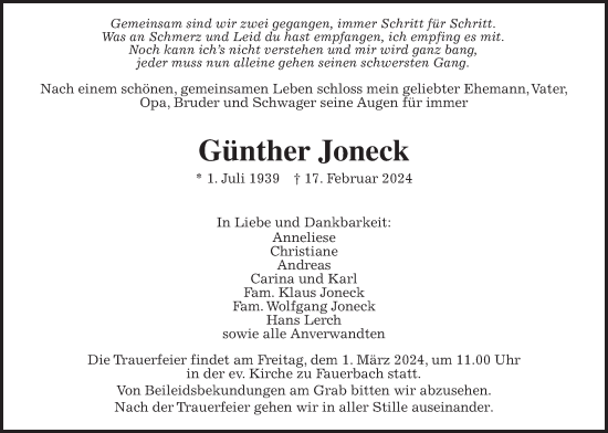 Traueranzeige von Günther Joneck von Butzbacher Zeitung