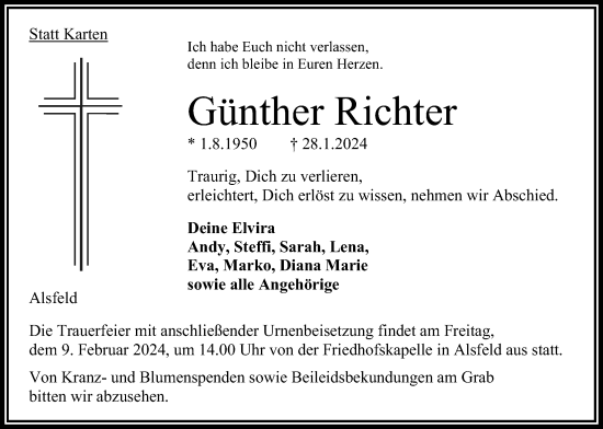 Traueranzeige von Günther Richter von Oberhessische Zeitung