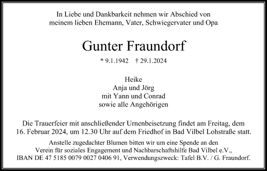 Traueranzeige von Gunter Fraundorf von Bad Vilbel/Karben