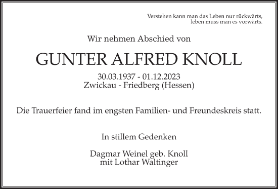 Traueranzeige von Gunter Alfred Knoll von Wetterauer Zeitung