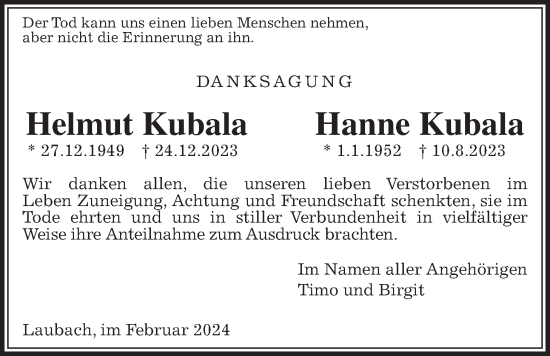 Traueranzeige von Hanne Kubala von Laubacher Anzeiger