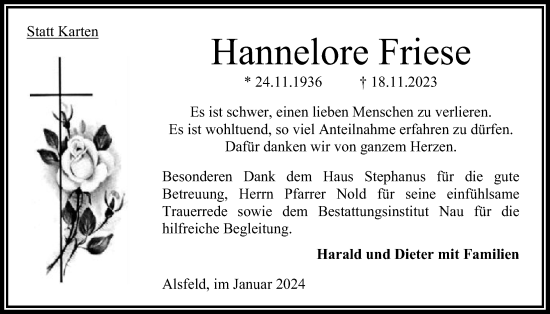 Traueranzeige von Hannelore Friese von Oberhessische Zeitung