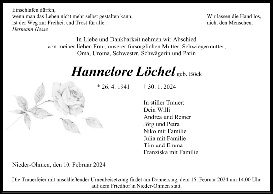 Traueranzeige von Hannelore Löchel von Giessener Allgemeine, Alsfelder Allgemeine