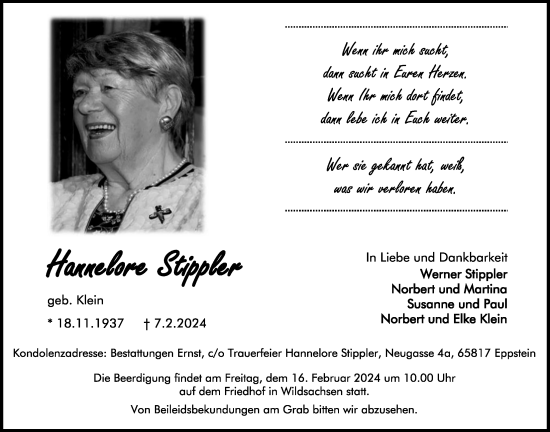 Traueranzeige von Hannelore Stippler 