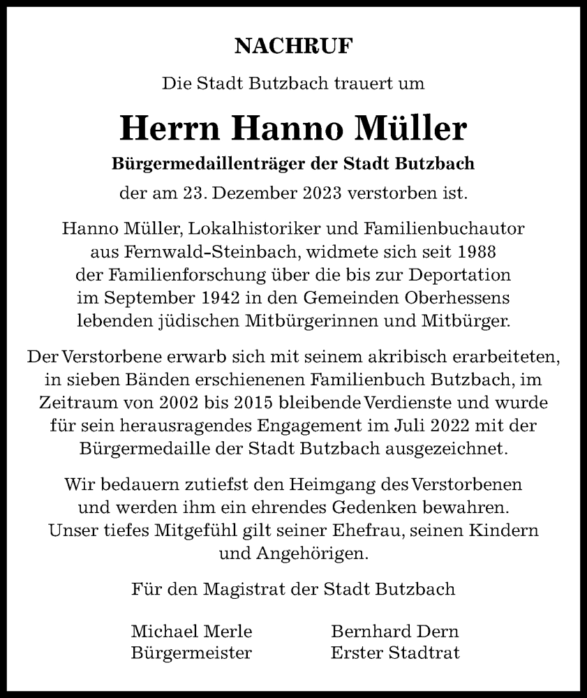  Traueranzeige für Hanno Müller vom 16.01.2024 aus Butzbacher Zeitung