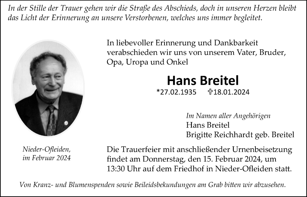  Traueranzeige für Hans Breitel vom 12.02.2024 aus Giessener Allgemeine, Alsfelder Allgemeine