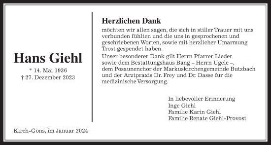 Traueranzeige von Hans Giehl von Butzbacher Zeitung