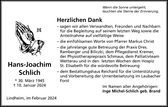 Traueranzeige von Hans-Joachim Schlich von Kreis-Anzeiger