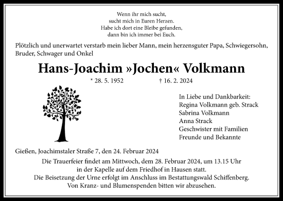 Traueranzeige von Hans-Joachim Volkmann von Giessener Allgemeine, Alsfelder Allgemeine, Giessener Anzeiger