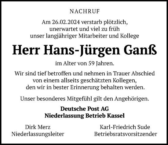 Traueranzeige von Hans-Jürgen Ganß von Lauterbacher Anzeiger