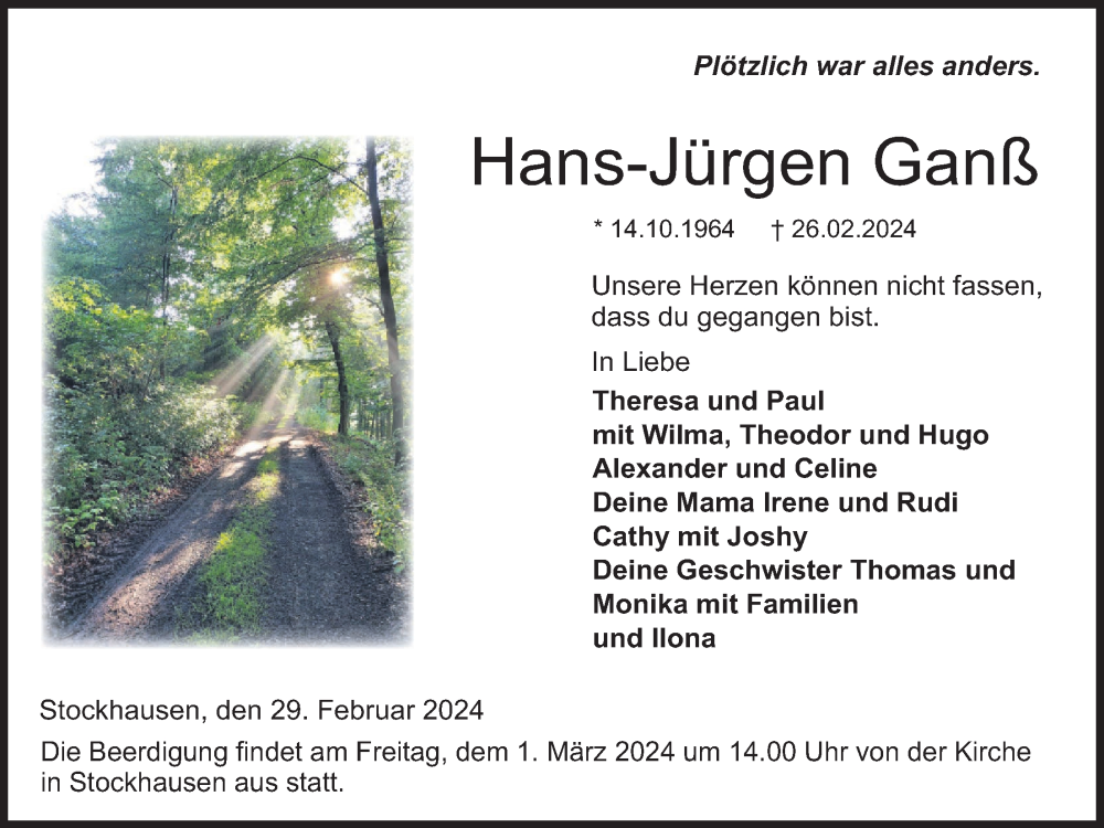  Traueranzeige für Hans-Jürgen Ganß vom 29.02.2024 aus Lauterbacher Anzeiger