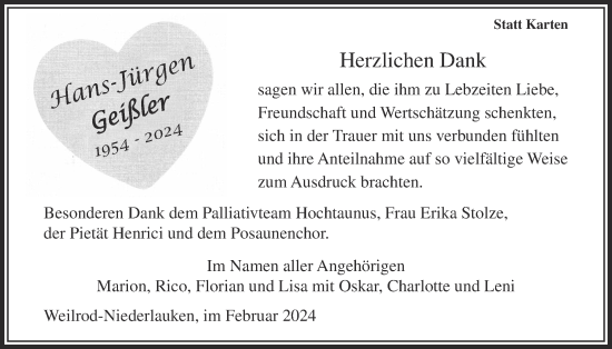 Traueranzeige von Hans-Jürgen Geißler von Usinger Anzeiger, Usinger Anzeigenblatt