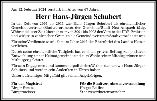 Traueranzeige von Hans-Jürgen Schubert von Usinger Anzeiger