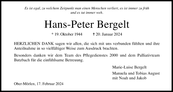 Traueranzeige von Hans-Peter Bergelt von Wetterauer Zeitung