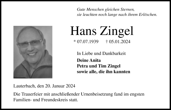 Traueranzeige von Hans Zingel von Lauterbacher Anzeiger