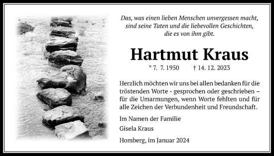 Traueranzeige von Hartmut Kraus von Alsfelder Allgemeine, Oberhessische Zeitung