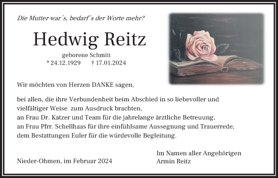 Traueranzeige von Hedwig Reitz von Giessener Allgemeine, Alsfelder Allgemeine