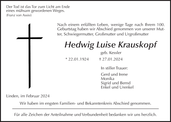 Traueranzeige von Hedwig Luise Krauskopf von Giessener Anzeiger, Giessener Allgemeine, Alsfelder Allgemeine