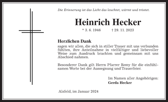 Traueranzeige von Heinrich Hecker von Oberhessische Zeitung