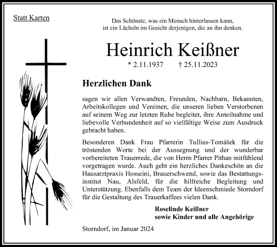 Traueranzeige von Heinrich Keißner von Oberhessische Zeitung
