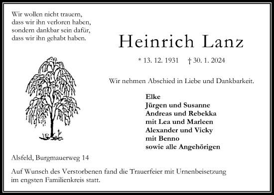Traueranzeige von Heinrich Lanz von Oberhessische Zeitung