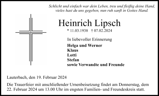 Traueranzeige von Heinrich Lipsch von Lauterbacher Anzeiger, Lauterbacher Anzeiger