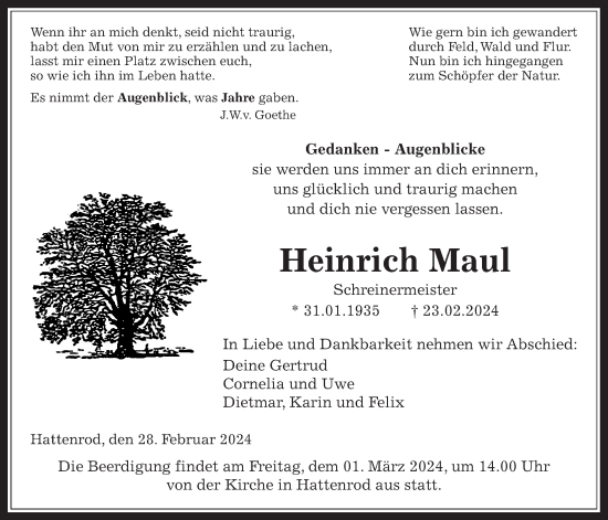 Traueranzeige von Heinrich Maul von Giessener Allgemeine, Alsfelder Allgemeine, Giessener Anzeiger