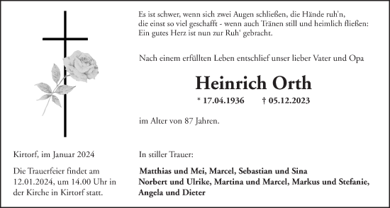 Traueranzeige von Heinrich Orth von Oberhessische Zeitung