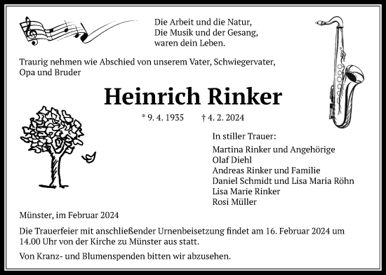 Traueranzeige von Heinrich Rinker von Laubacher Anzeiger
