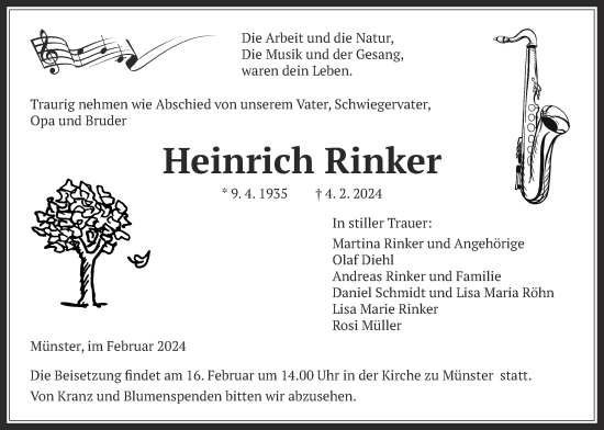 Traueranzeige von Heinrich Rinker von Giessener Allgemeine, Alsfelder Allgemeine