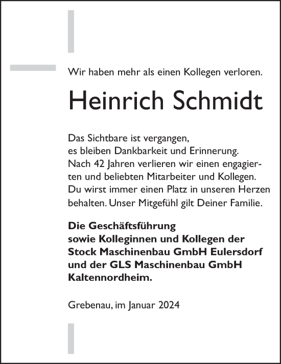 Traueranzeige von Heinrich Schmidt von Oberhessische Zeitung