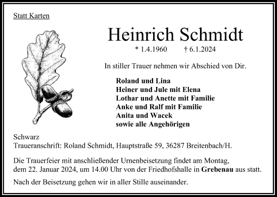 Traueranzeige von Heinrich Schmidt von Oberhessische Zeitung