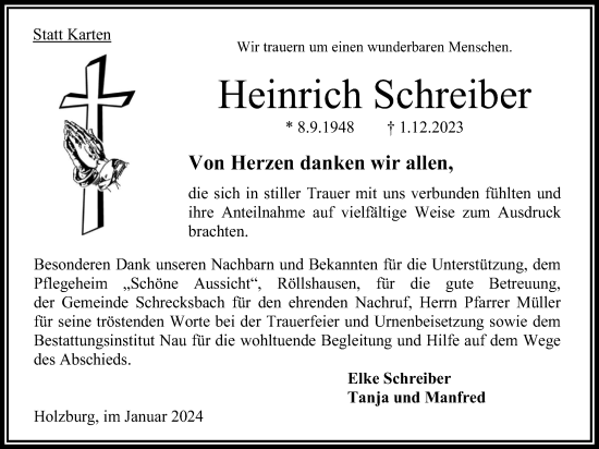 Traueranzeige von Heinrich Schreiber von Oberhessische Zeitung