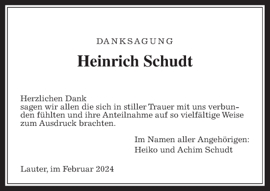 Traueranzeige von Heinrich Schudt von Giessener Allgemeine, Alsfelder Allgemeine, Laubacher Anzeiger