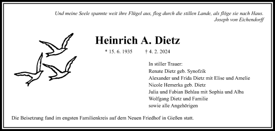 Traueranzeige von Heinrich A. Dietz von Giessener Allgemeine, Alsfelder Allgemeine, Giessener Anzeiger