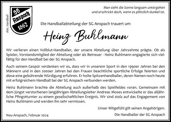 Traueranzeige von Heinz Buhlmann von Usinger Anzeiger