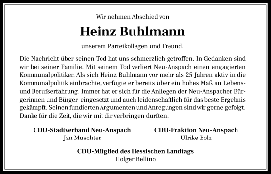 Traueranzeige von Heinz Buhlmann von Usinger Anzeiger