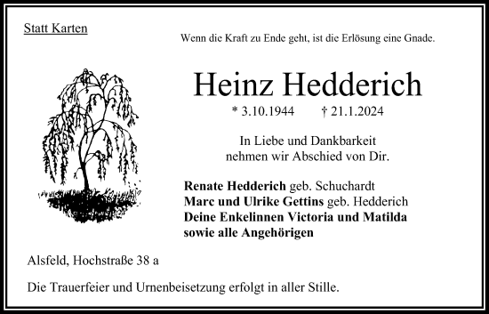 Traueranzeige von Heinz Hedderich von Oberhessische Zeitung