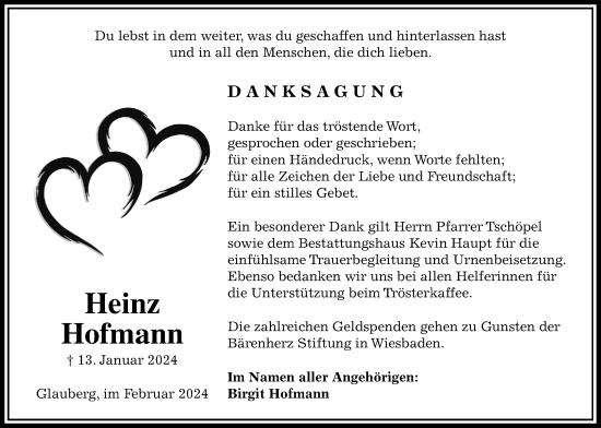Traueranzeige von Heinz Hofmann von Kreis-Anzeiger