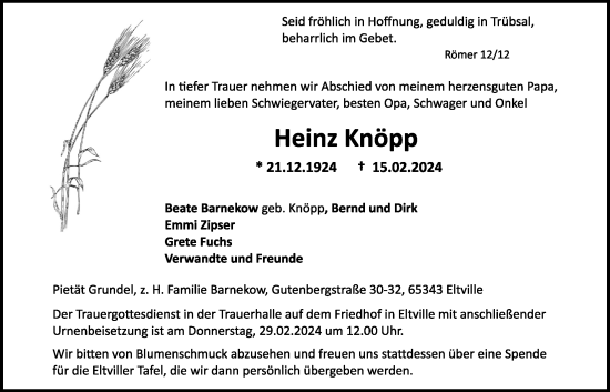 Traueranzeige von Heinz Knöpp von Usinger Anzeiger